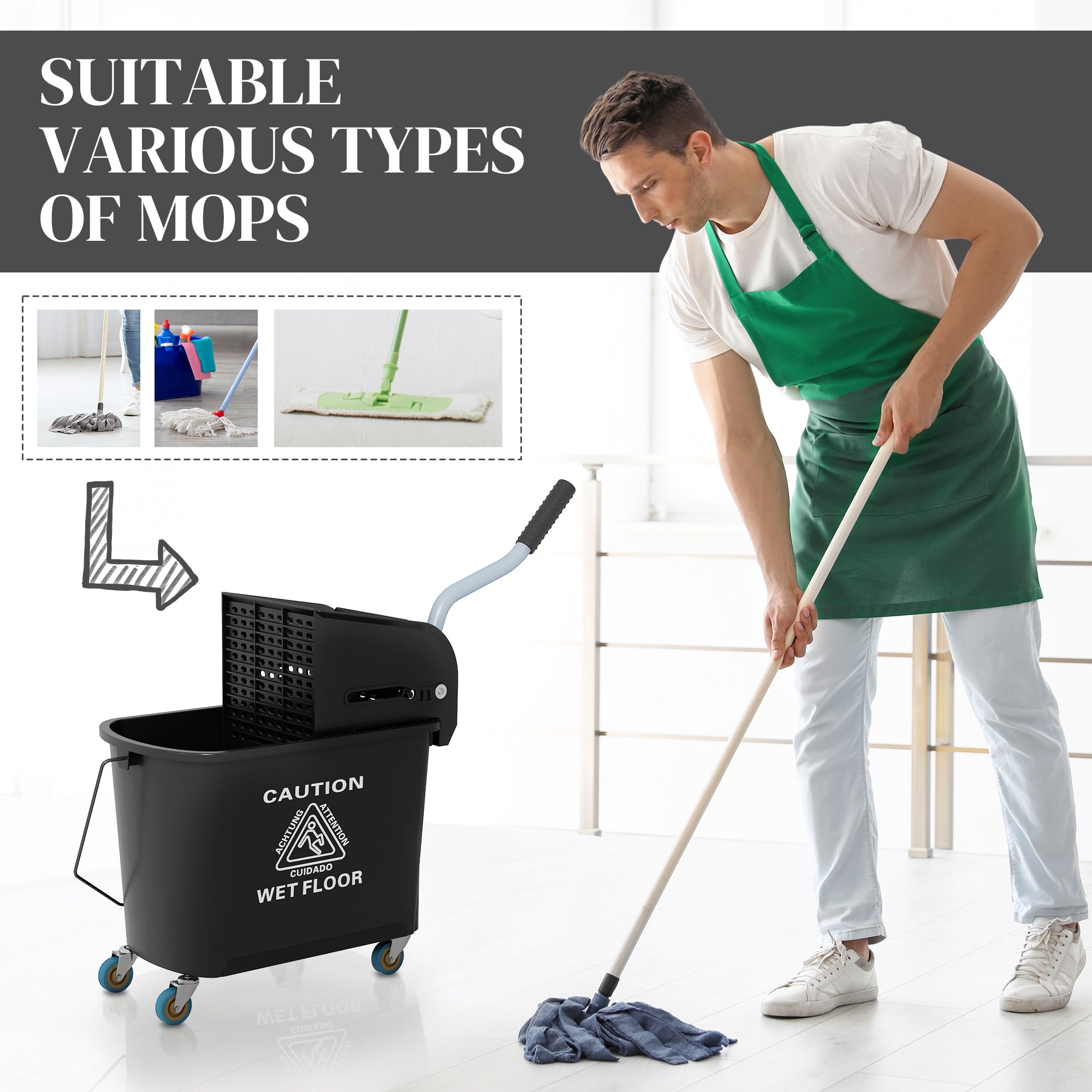 HOMCOM 20L Compact Mop Bucket on Wheels, with Water Separation Panel - Black